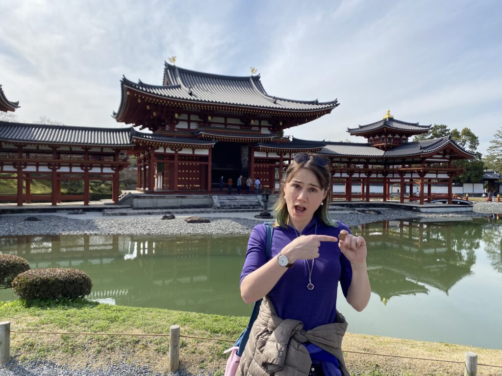 Tokyo Becky in front of Byodo-in, Uji, Japan (the building on the back of the 10 yen coin)