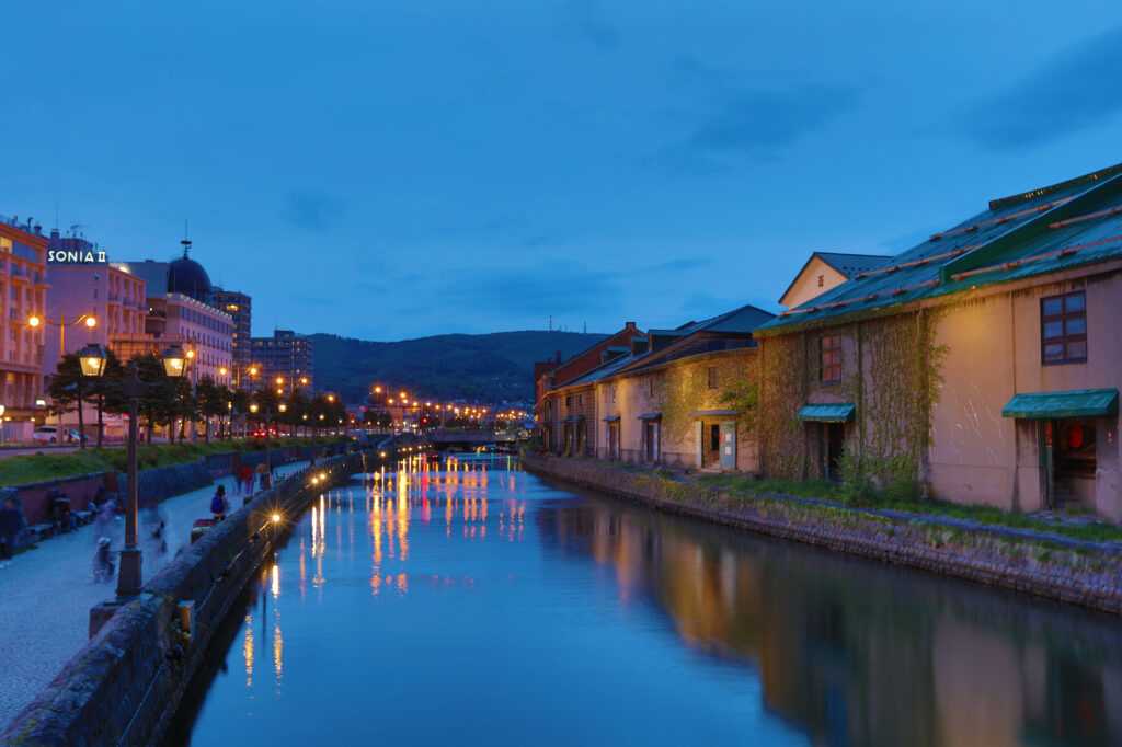 A night view of the Old Canal in Otaru, Japan