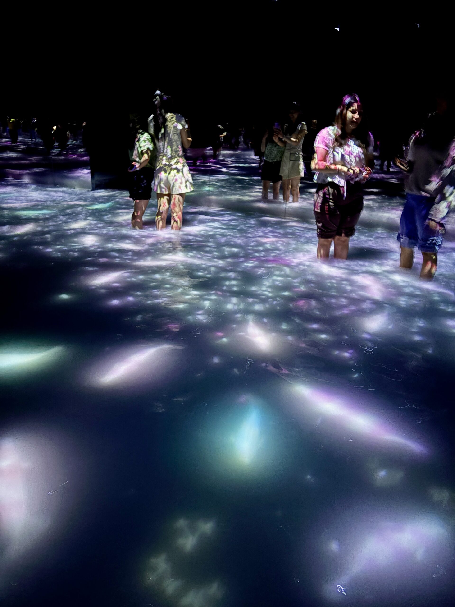 Visitors walking through the knee-deep water installation at teamLab Planets Tokyo